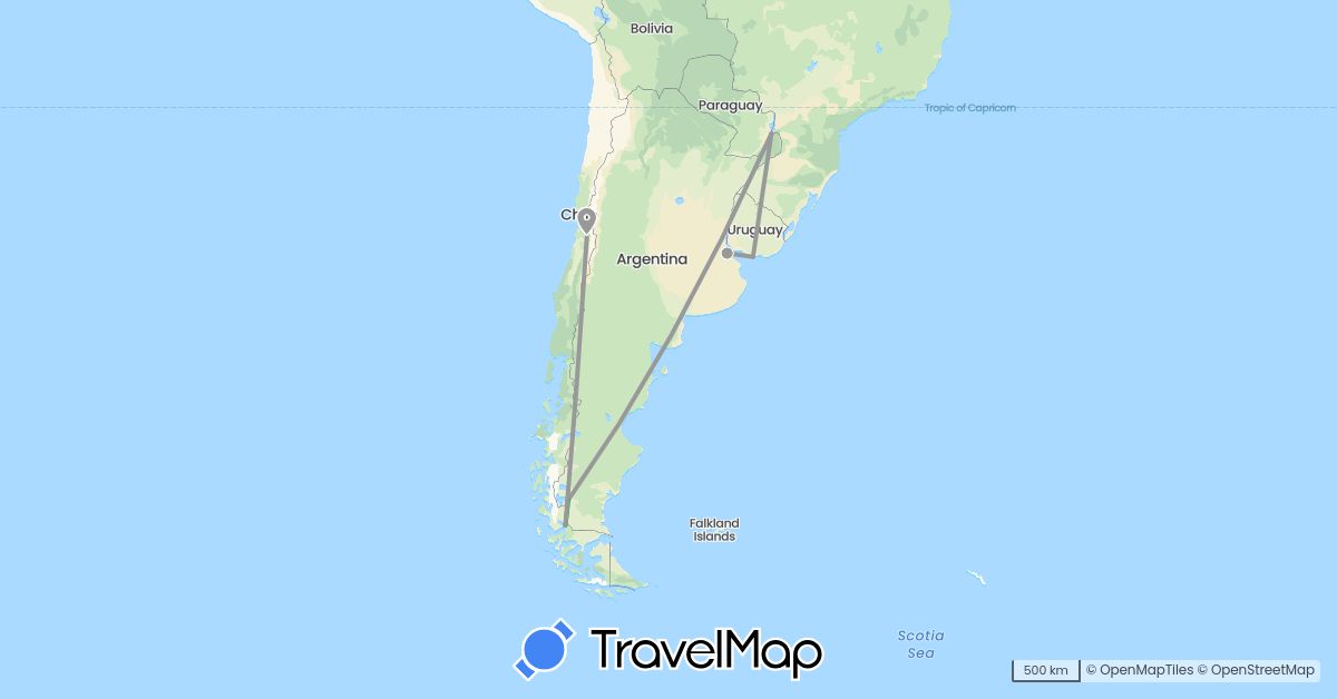 TravelMap itinerary: driving, bus, plane in Argentina, Chile, Uruguay (South America)